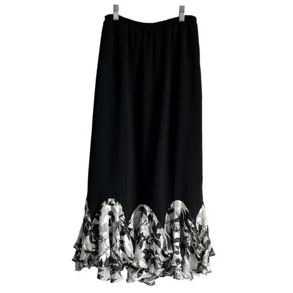 Black Floral 2 Tier Ruffle Hem Skirt With Elastic Waistband Size 10 Unique - Picture 7 of 9